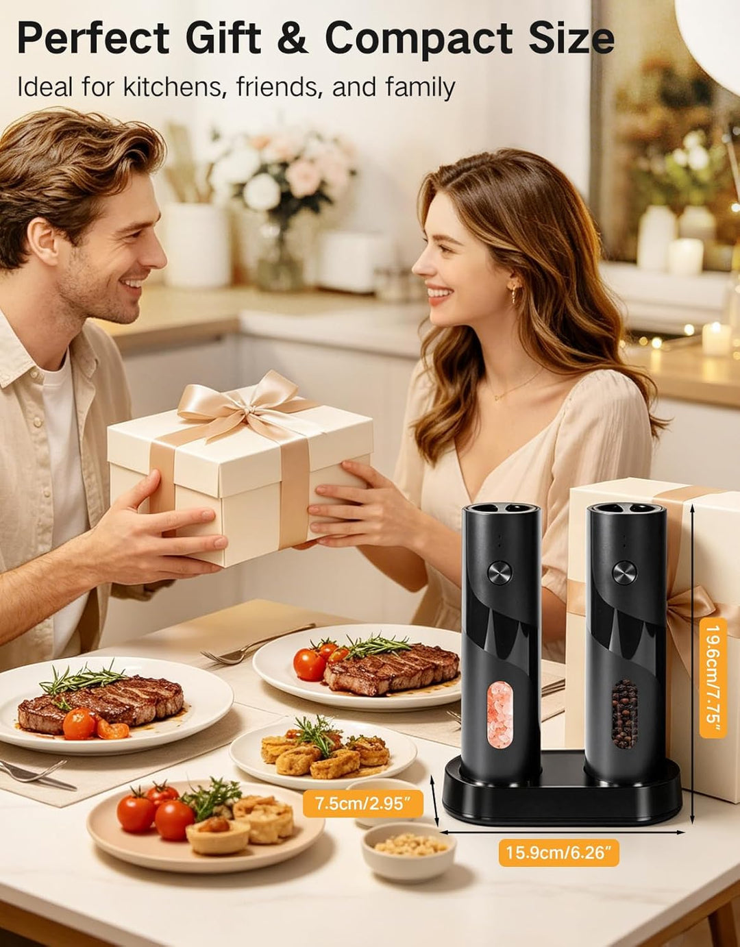 Elektrische Salz- und Pfeffermühle Set aus Edelstahl, USB-C Dual-Ladestation, 110 ml grosse Kapazitä
