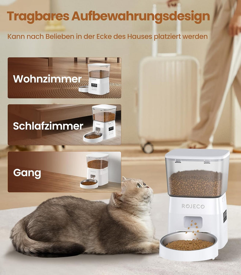 Futterautomat für Katzen, ROJECO Katzenfutter Automat Duale Stromversorgung, Katzen Futterautomaten,