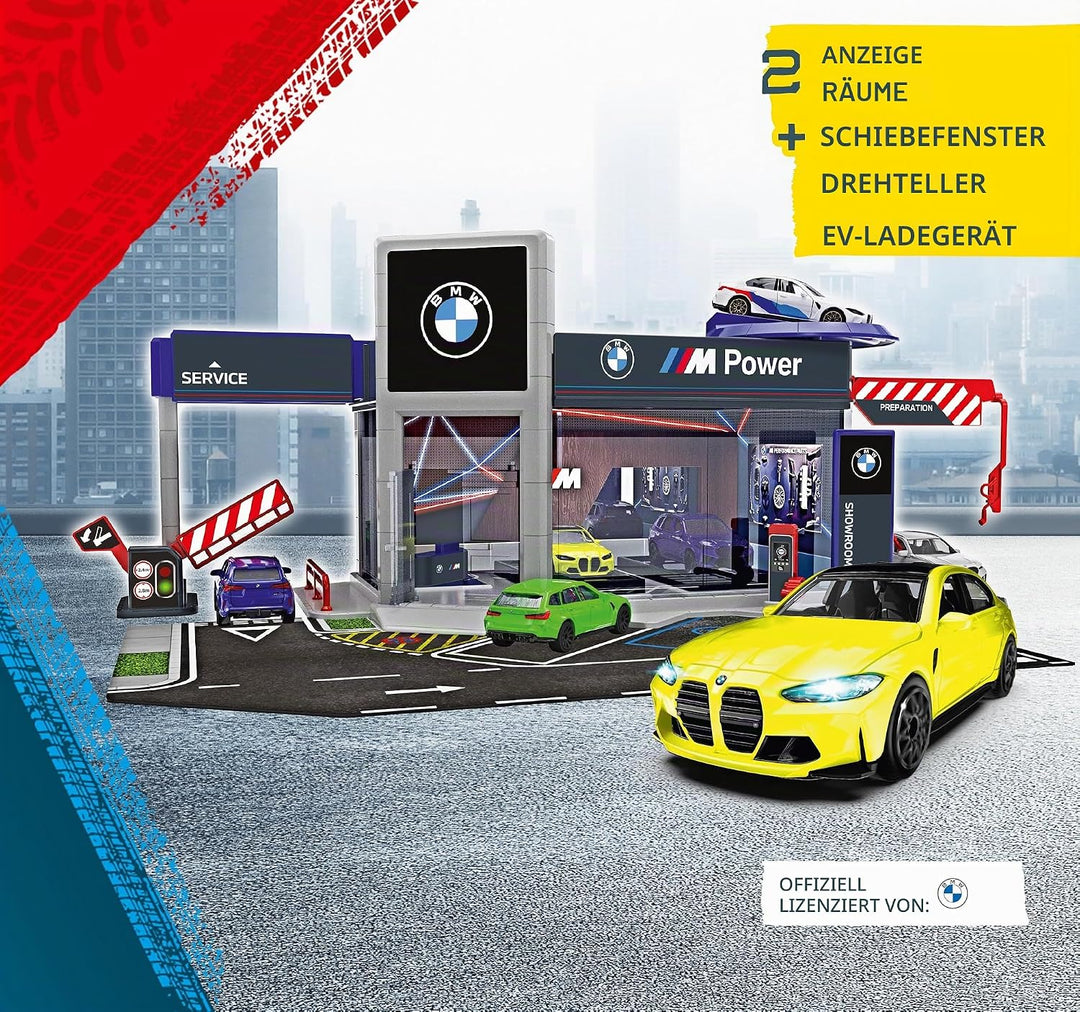 Majorette BMW Showroom Spielset mit Auto - Spielgarage mit Drehscheibe, Schiebefenster, Tor & Waschs