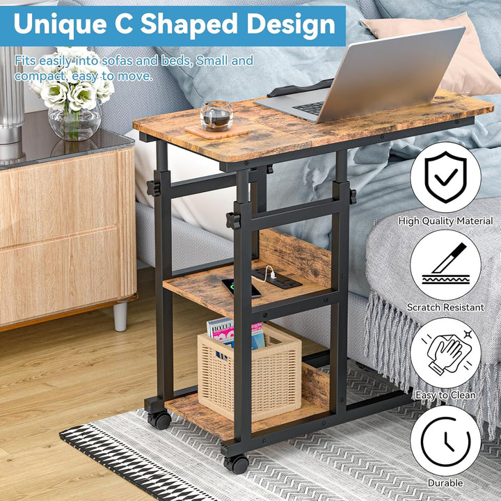 PIPIPOXER Beistelltisch mit Rollen, 80cm x 40 cm Sofatisch Rollen mit Steckdose & USB, Laptoptisch H
