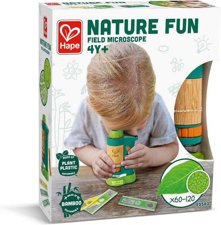 Hape Nature Fun Tragbares Mikroskop zum Entdecken aus Bambus und pflanzlichem Kunststoff, mit Licht