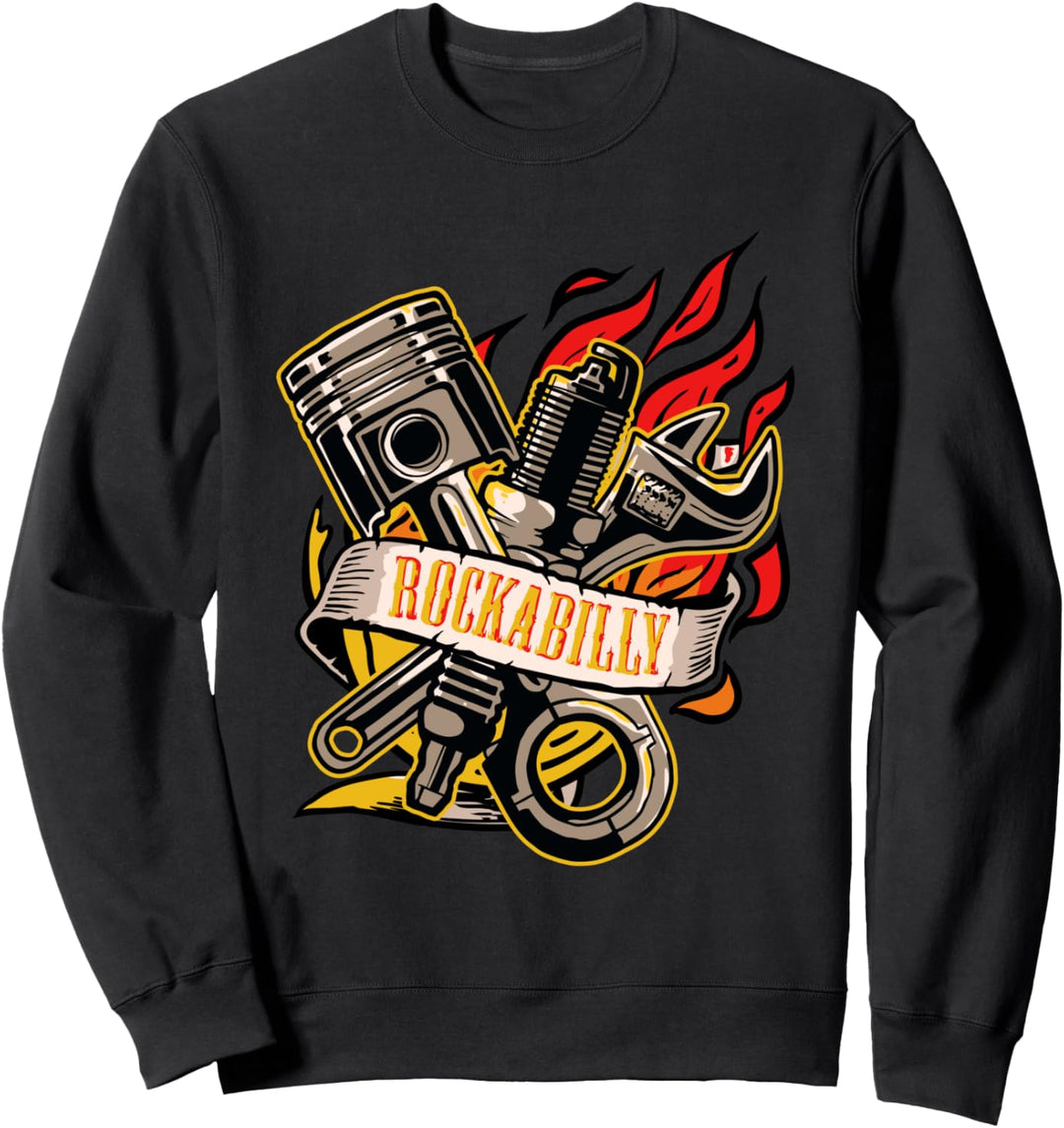 Rockabilly Flammen Kolben Schraubenschlüssel Mechaniker Sweatshirt