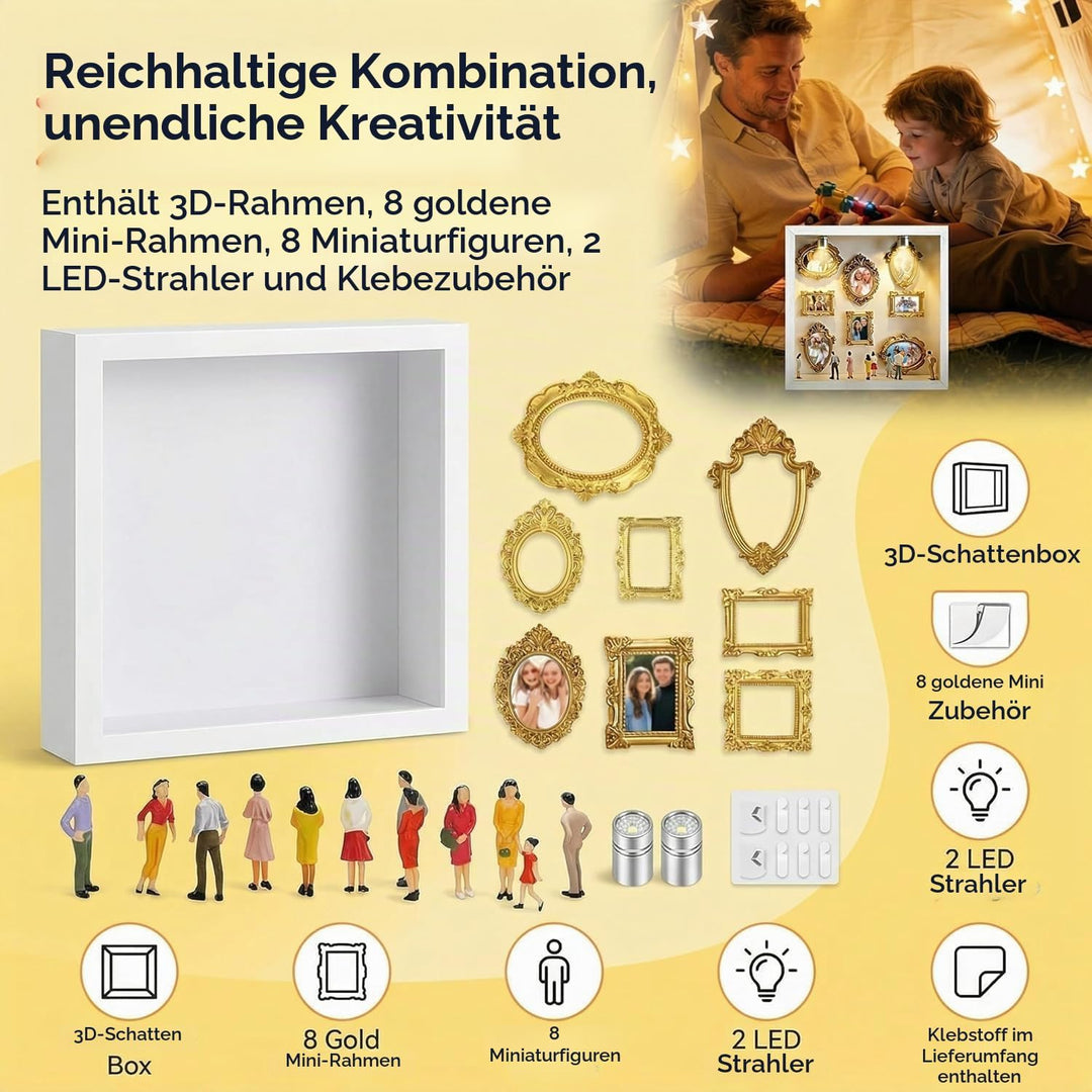 DIY Mini Museum Bilderrahmen mit LED Licht, Silhouettenbox Set mit 8 Mini Goldrahmen &amp; Figuren, 3D E