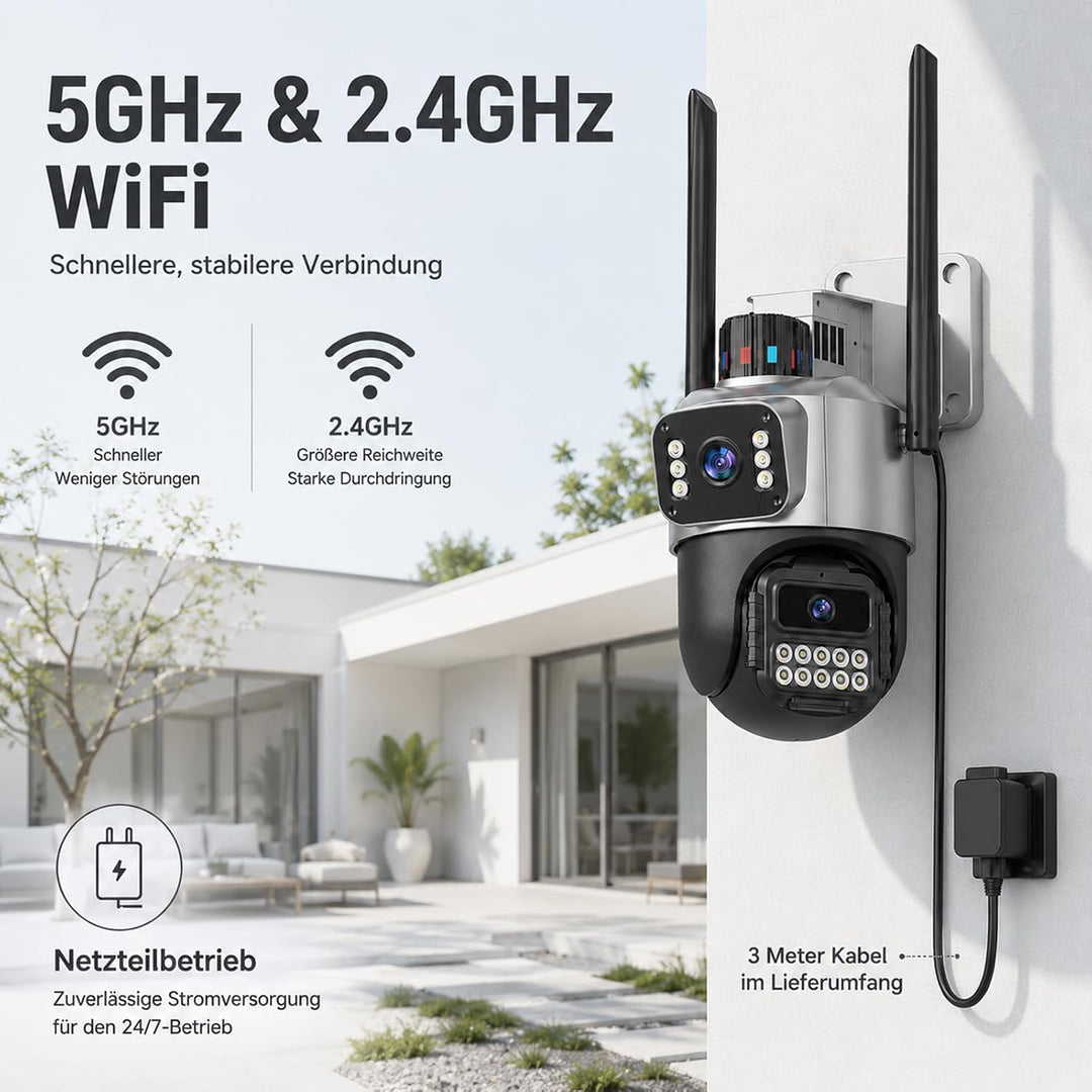 Überwachungskamera Aussen, 6MP Dual-Lens WLAN, 2.4/5 GHz | Kamera mit Grossem Sichtfeld und Schwenk/