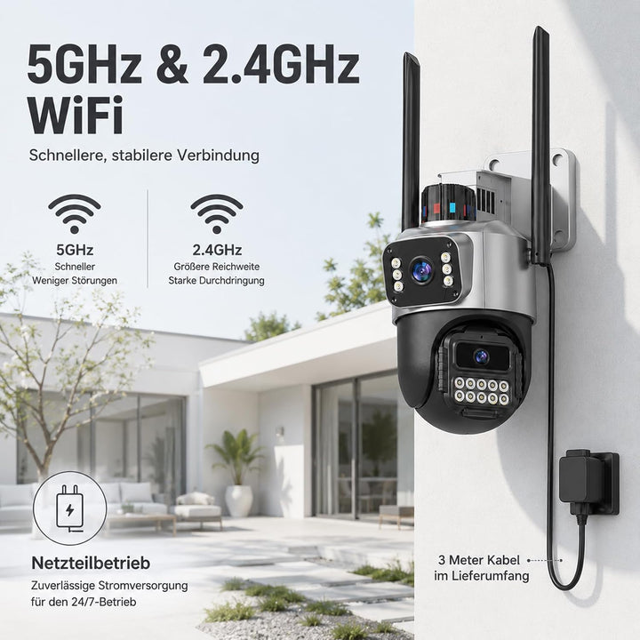 Überwachungskamera Aussen, 6MP Dual-Lens WLAN, 2.4/5 GHz | Kamera mit Grossem Sichtfeld und Schwenk/
