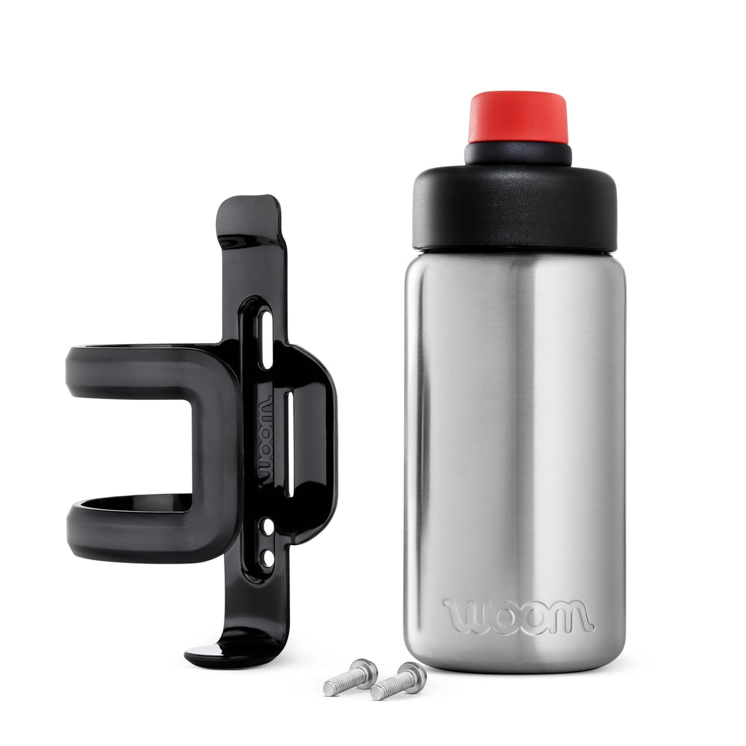 woom GLUG Edelstahlflasche mit Flaschenhalter, Trinkflasche für Kinder, Fahrradflasche, 500 ml, Ausl