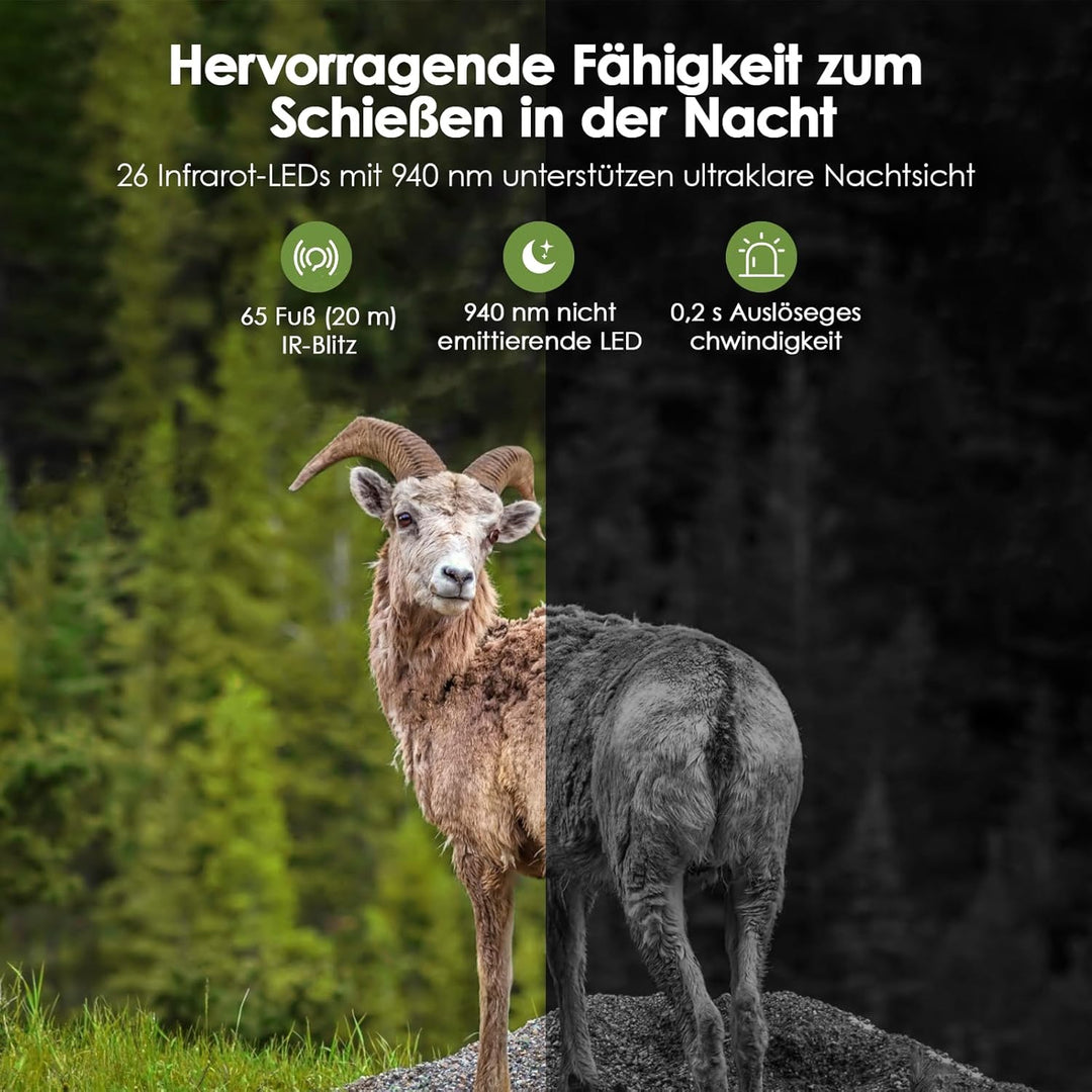 MAXDONE Wildkamera mit Bewegungsmelder Nachtsicht - WLAN mit Handyübertragung App 32MP 1440P Nachtsi