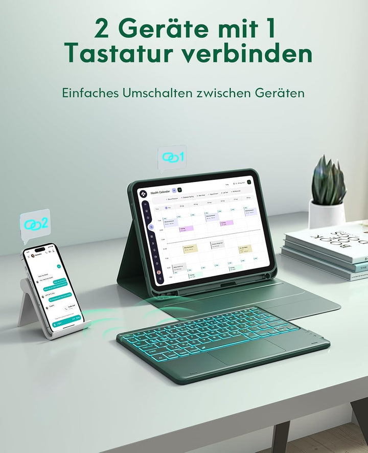 CHESONA Hülle mit Tastatur für iPad 10 Generation/11 Generation A16 2025, 7 Farben Beleuchtung, Mult