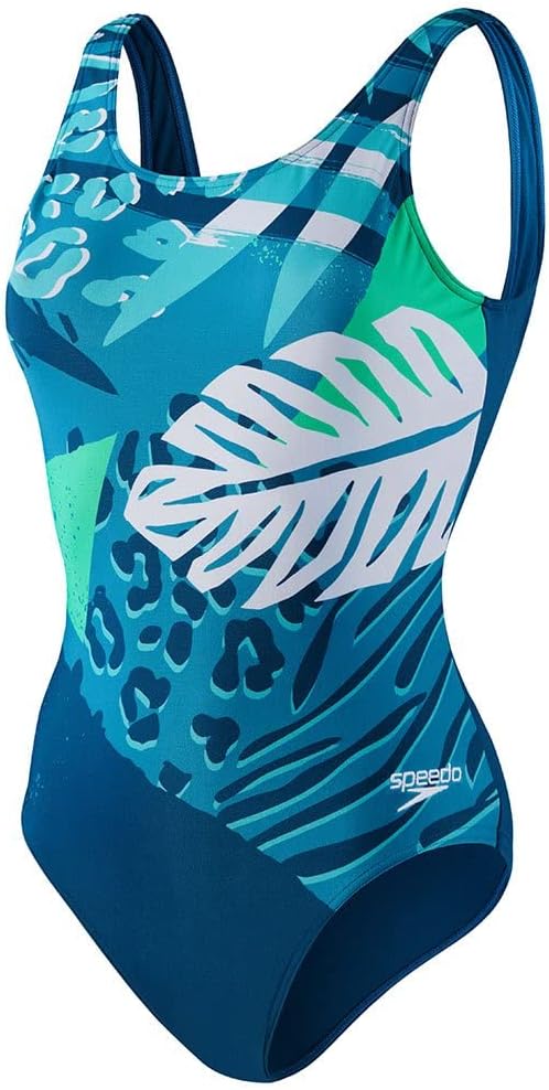 Speedo Damen Placement U-Back Badehose L Petrol/Neon Absinthe/Weiss/Arctic Teal/Tile, L Petrol/Neon