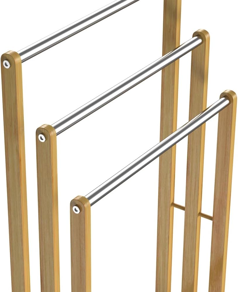 CASARIA® 2er Set Handtuchständer Freistehend Bambus Holz 84 x 46 x 24 cm 3 Edelstahl Stangen Handtuc