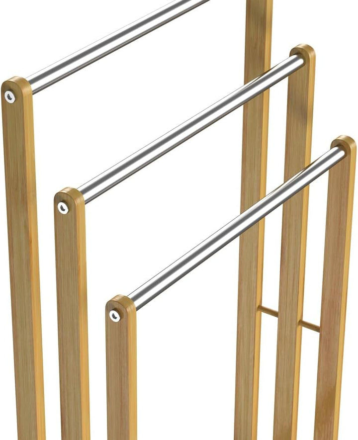 CASARIA® 2er Set Handtuchständer Freistehend Bambus Holz 84 x 46 x 24 cm 3 Edelstahl Stangen Handtuc