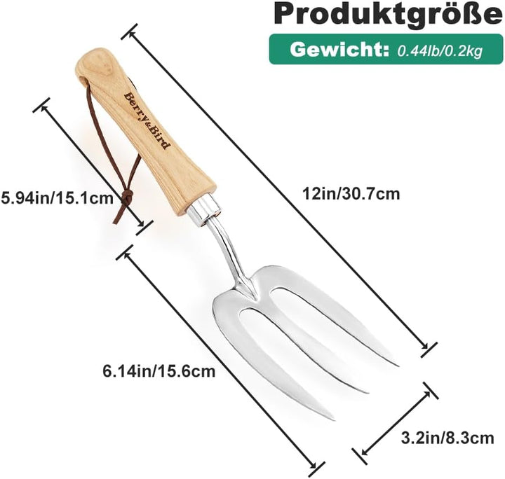 Berry&Bird Classic Blumengabel 30,7 cm - Grabegabel aus hochwertigem Edelstahl mit kurzem Holzgriff,