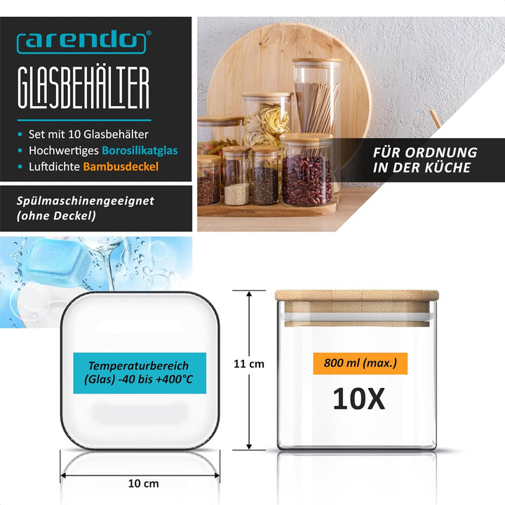 Arendo - Vorratsbehälter 800ml mit Deckel - 10er Set - Behälter aus Glas – hitzebeständig – Vorratsd