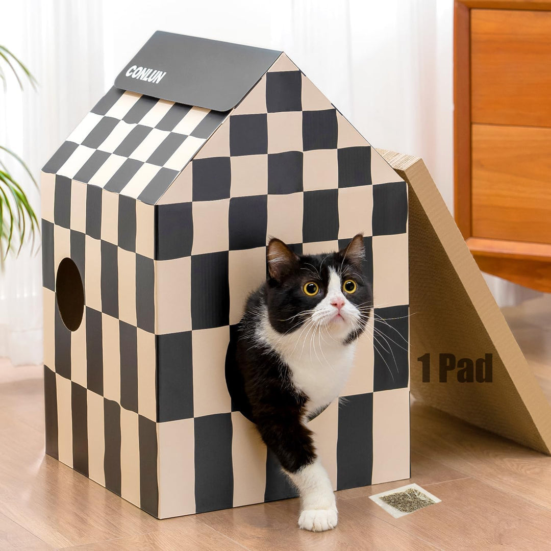 Conlun Katzenhaus mit Kratzbrett &amp; Katzenminze, Leicht zu Montieren - Kratzhöhle für Wohnungskatzen,