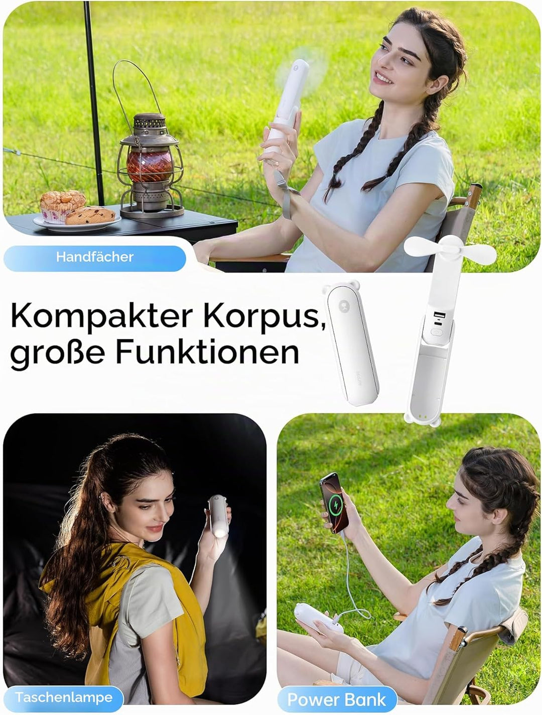 JISULIFE Handventilator Mini Ventilator 3 IN 1, mit 4500 mAh Powerbank USB Akku Klein Ventilator, Ba