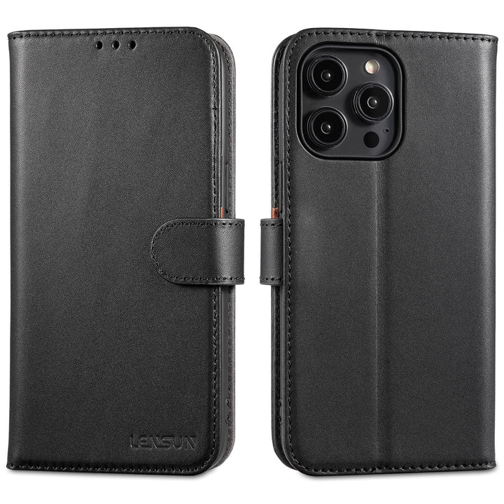 LENSUN Echtleder Hülle für iPhone 14 Pro Max, Handyhülle [Echtes Leder][Magnetverschluss][RFID Schut