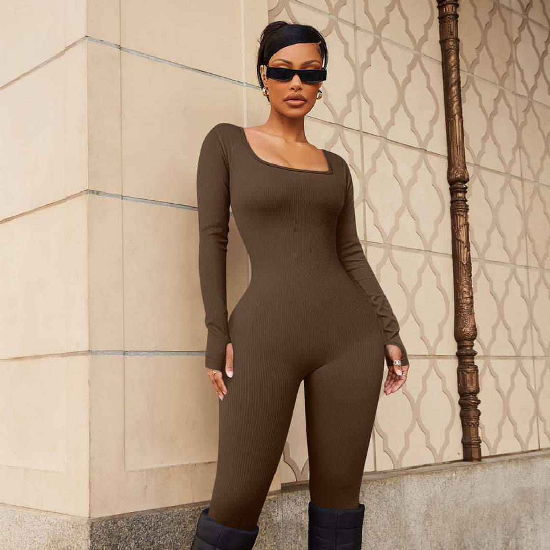 Jumpsuit Damen Sport Bodysuit Gerippte Lang Eng Yoga Bodycon Overall Stretch Langarm Strampler Sport