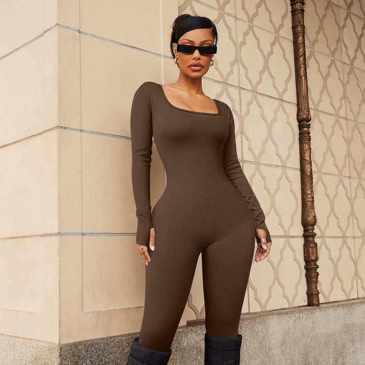 Jumpsuit Damen Sport Bodysuit Gerippte Lang Eng Yoga Bodycon Overall Stretch Langarm Strampler Sport