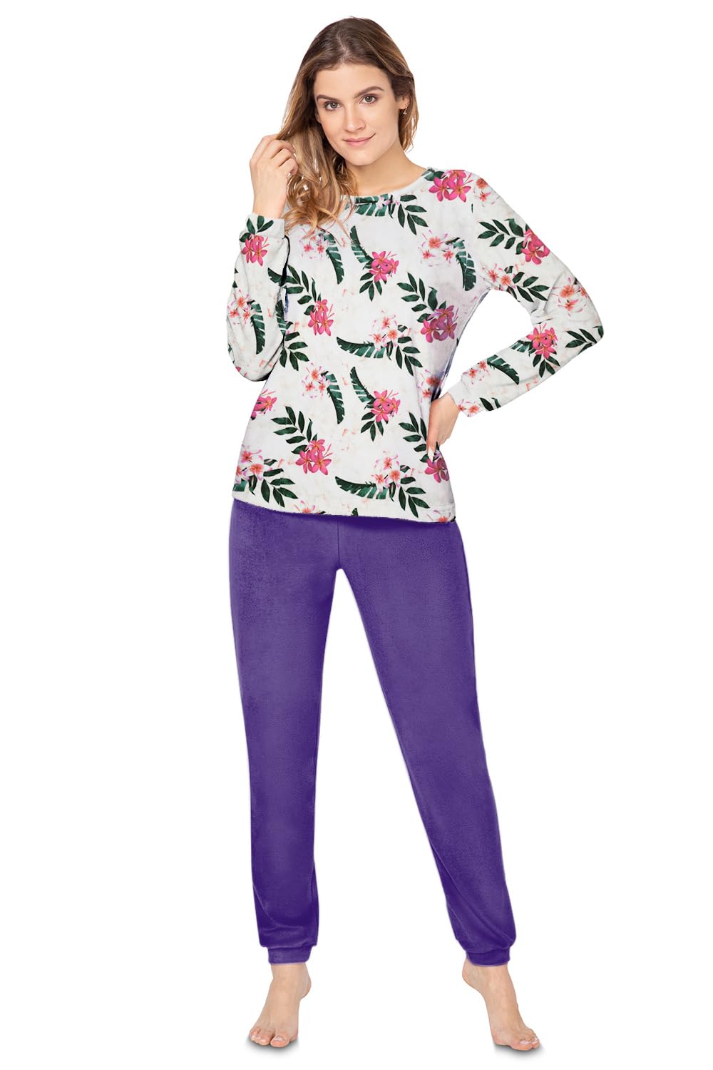 e.Femme® Damen Pyjama Hausanzug Kamila 2217 aus Frottee 80% Baumwolle, 20% Polyester, Blätter/Lila
