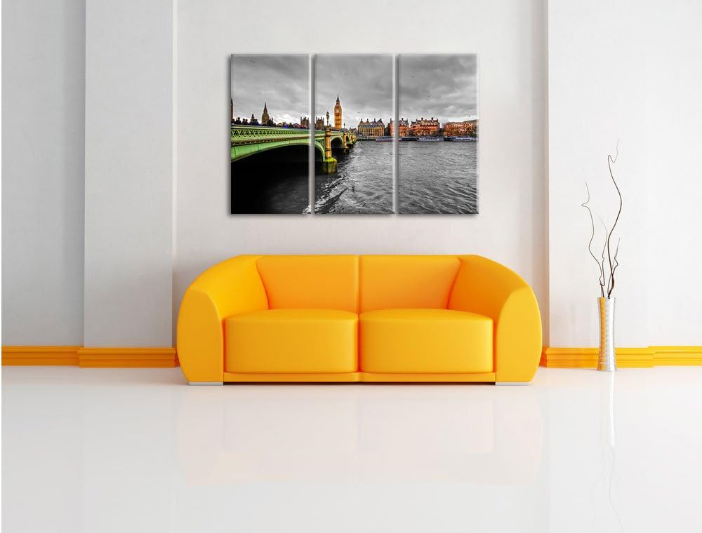 Pixxprint Skyline von London mit Themse und Big Ben schwarz/weiss 3-Teiler Leinwandbild 120x80 Bild