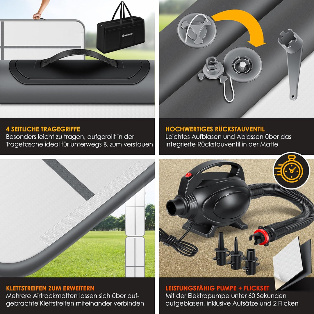 KESSER® Turnmatte Aufblasbar Airtrack Fitness-Matte Gymnastikmatte | inkl. Tragetasche & elektr. Luf