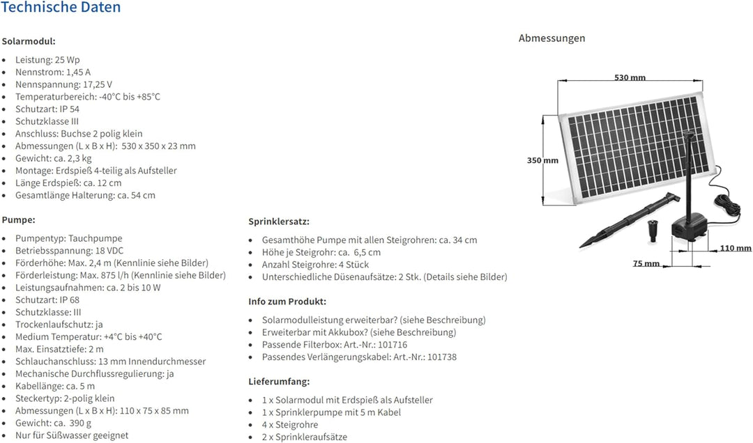 Solar Teichpumpe 25 Watt Solarmodul 875 l/h Förderleistung 2,4 m Förderhöhe esotec Professional Prod