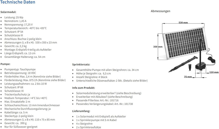 Solar Teichpumpe 25 Watt Solarmodul 875 l/h Förderleistung 2,4 m Förderhöhe esotec Professional Prod