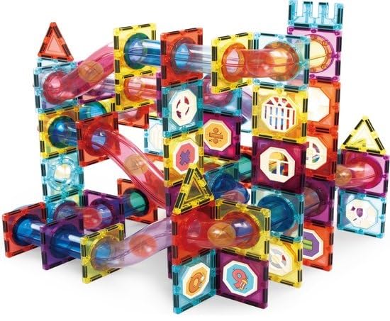 Olvy Magnetische Bausteine Montessori Spielzeug - 100 Magnetic Tiles Kinder - Murmelbahn Magnetische