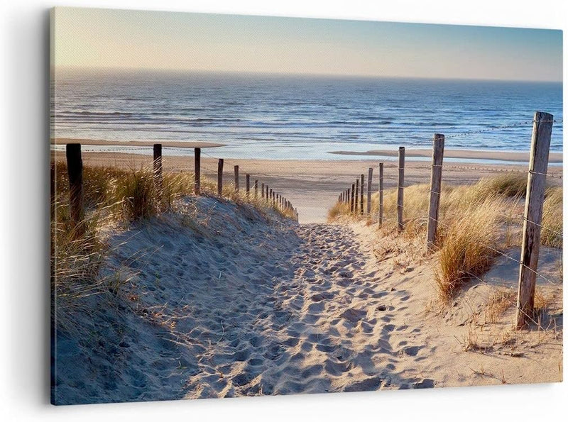 Bilder auf Leinwand 100x70cm Leinwandbild mit Rahmen Meer Strand Düne Gross Wanddeko Bild Schlafzimm