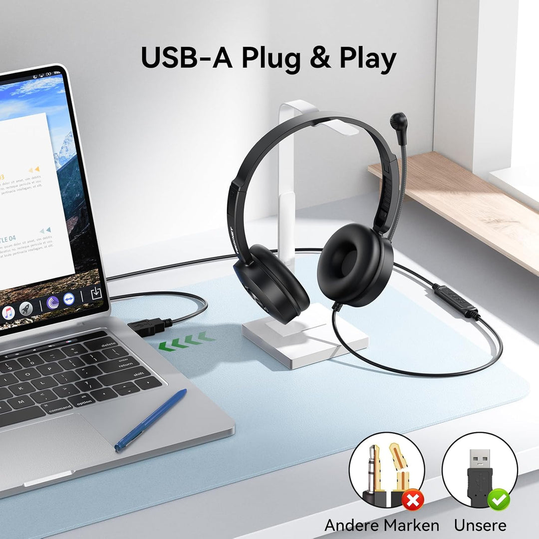 TECKNET Headset mit Mikrofon, USB Headset, kabelgebundenes PC-Headset, 2,0 m langes Kabel, Stereo-Ko