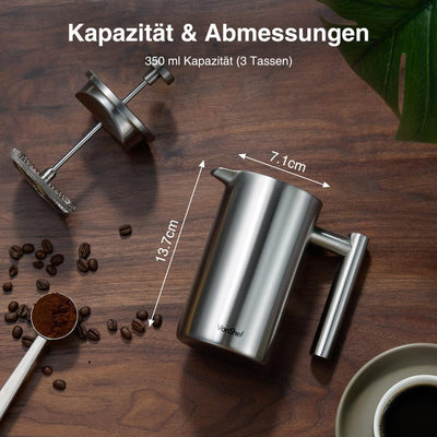 VonShef Edelstahl French Press für 3 Tassen, 350 ml – Doppelwandiger Kaffeebereiter mit Messlöffel/B