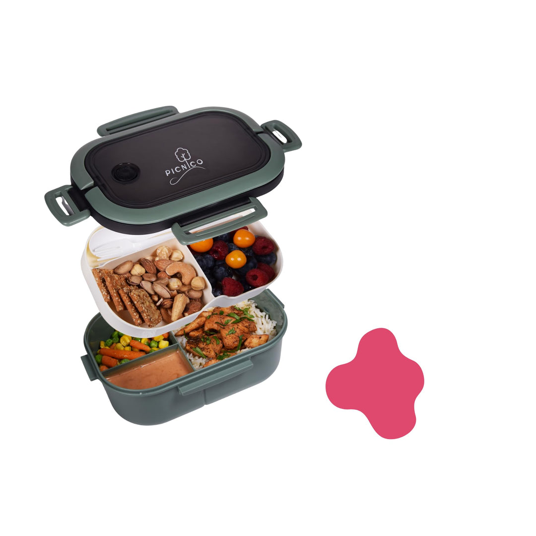 Premium Lunchbox für Kinder 1200ml mit 2 Etagen & 6 Fächern Grün (BPA-frei) - Brotdose & Snackbox mi