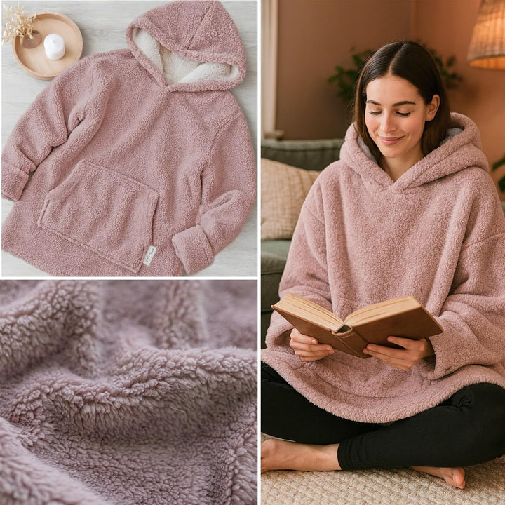 Hoodie Decke mit Ärmeln - Sherpa Wende Deckenpullover Oversize Kuscheldecke zum anziehen Kuschelponc