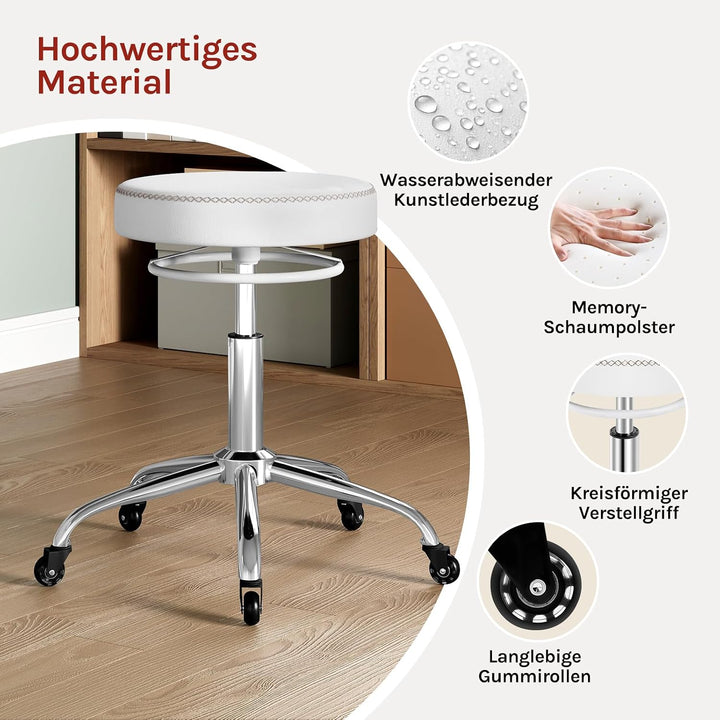 WOLTU Rollhocker höhenverstellbar, Bürohocker 360° drehbar, Weiss | Drehhocker mit Rollen, runder Ho