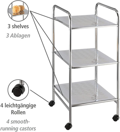 WENKO Badwagen Sando, Haushaltswagen mit 3 Ablagen, rollbarer Küchenwagen aus verchromtem Stahl, Fle