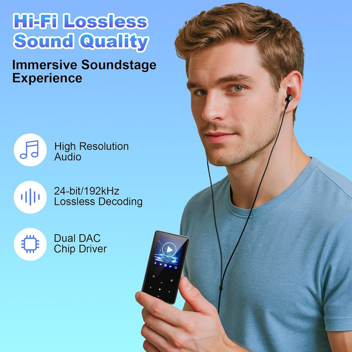 MP3 Player 64GB mit Bluetooth, Mini Digitaler Musik Player mit Lautsprecher, FM Radio, HiFi Audio, M