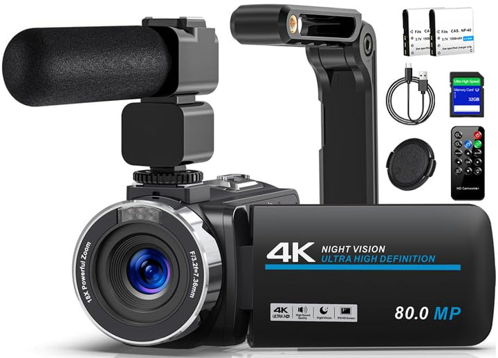 Videokamera 4K 80MP Camcorder für YouTube,30FPS Webcam IR Nachtsicht Vlogging Kamera,18X Digitalzoom