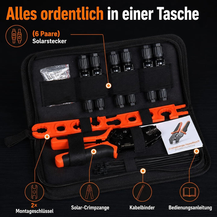 PEBA Solar Crimpzange Set für 2.5/4.0/6.0mm² Solarpanel PV Kabel, mit 12 Stk Male/Female Solarpanel