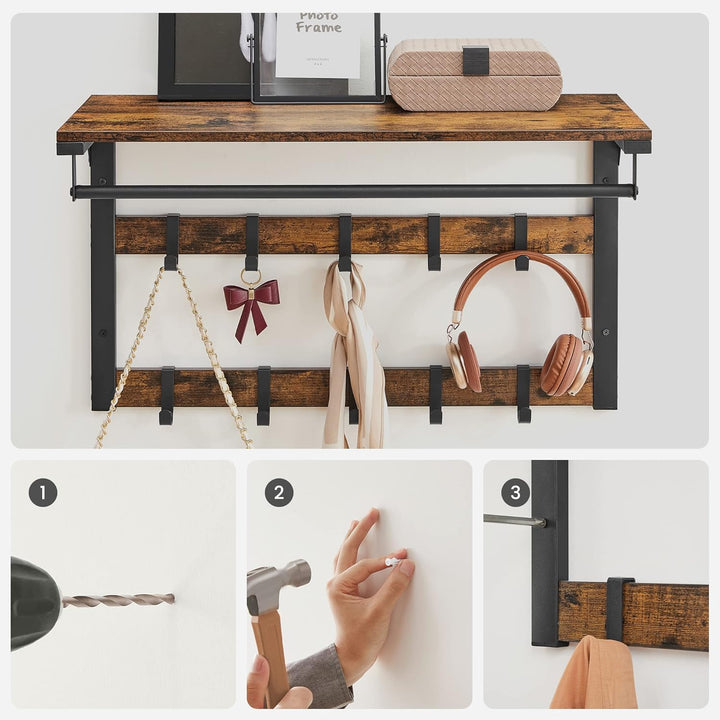 VASAGLE Wandgarderobe, Schuhbank, Wandregal mit Ablage und 10 Haken, Schuhregal mit 3 Ebenen, Aufbew