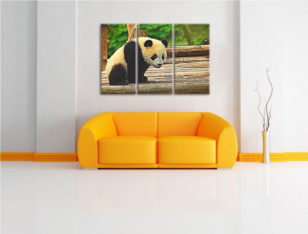 niedlicher junger Panda auf Holzstämmen NewArt 3-Teiler Leinwandbild 120x80 Bild auf Leinwand, XXL r