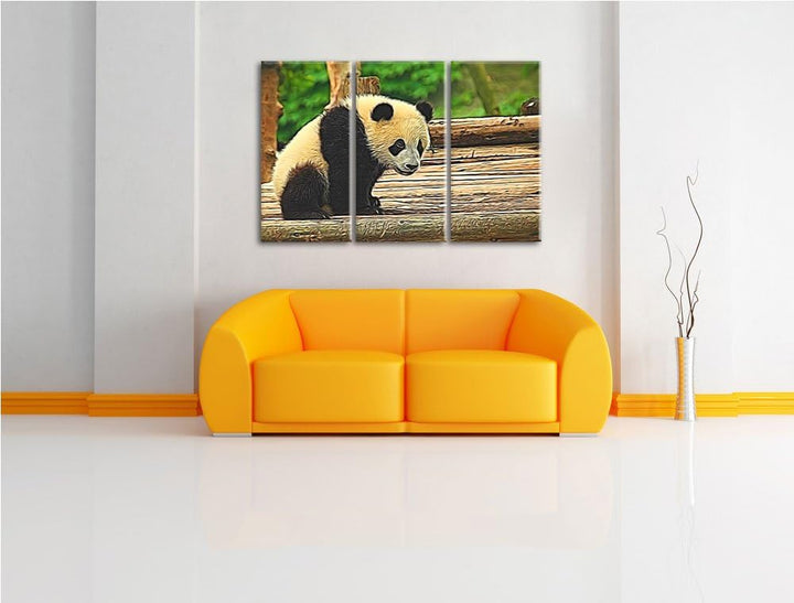 niedlicher junger Panda auf Holzstämmen NewArt 3-Teiler Leinwandbild 120x80 Bild auf Leinwand, XXL r