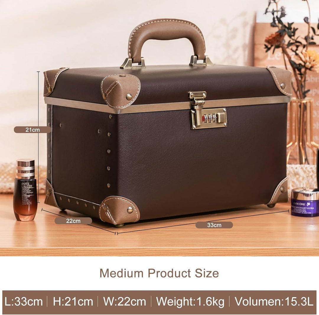 urecity Vintage Leder Kosmetikkoffer mit Spiegel - Hartschale Schminkkoffer für Damen, Reise Make-up