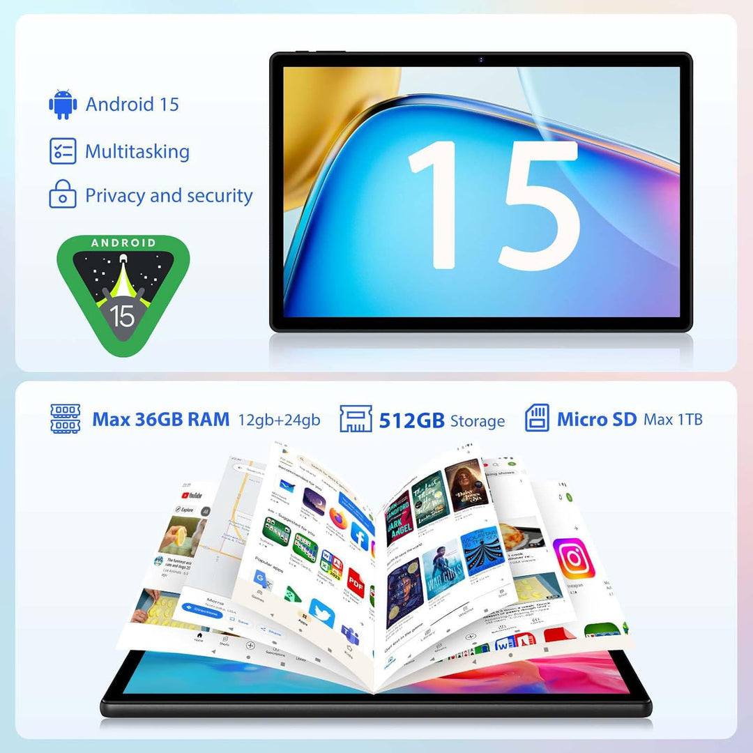 2K Android 15 Tablet 14 Zoll, 36GB RAM, 512GB ROM (2TB Erweiterung), 4G SIM LTE & 5G WiFi, 2000 * 12