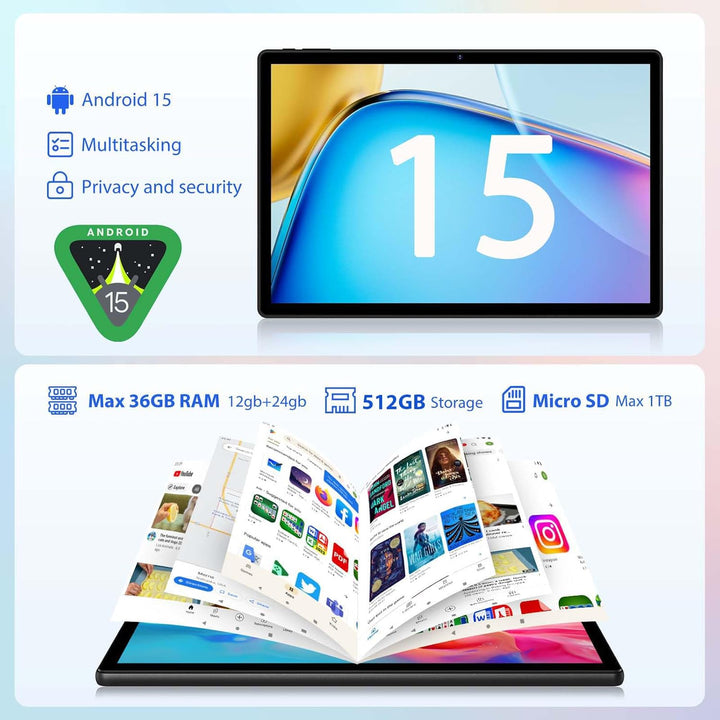 2K Android 15 Tablet 14 Zoll, 36GB RAM, 512GB ROM (2TB Erweiterung), 4G SIM LTE & 5G WiFi, 2000 * 12