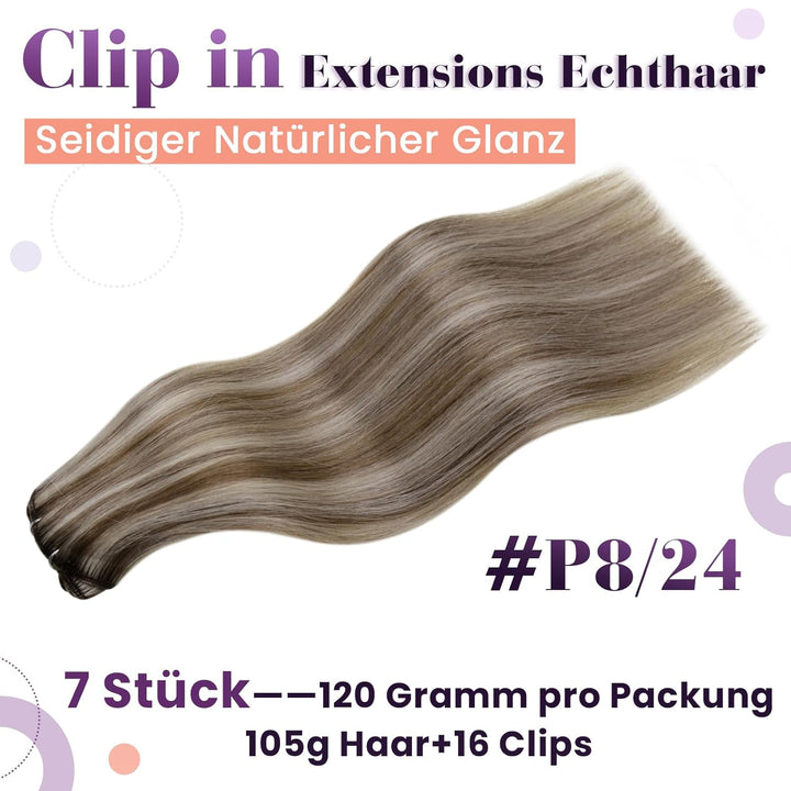 LaaVoo Clip in Extensions Braun Haarverlängerung Echthaar Clip Hellbraun mit Platinblond 45cm Extens