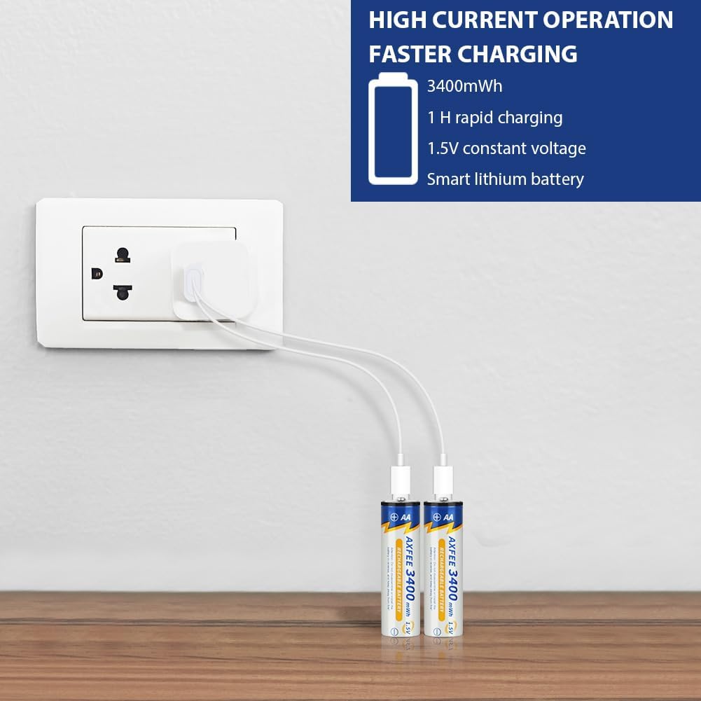 AXFEE Wiederaufladbare Lithium AA Akku, 4 Stück 1.5V 3400mWh USB-C AA Akkus Lithium mit 2-in-1 Ladek
