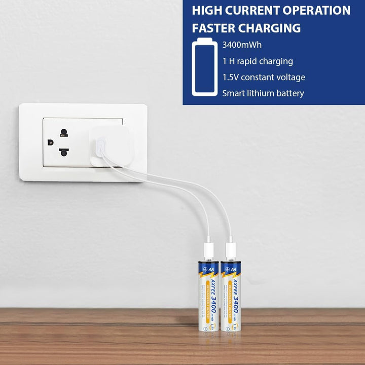 AXFEE Wiederaufladbare Lithium AA Akku, 4 Stück 1.5V 3400mWh USB-C AA Akkus Lithium mit 2-in-1 Ladek