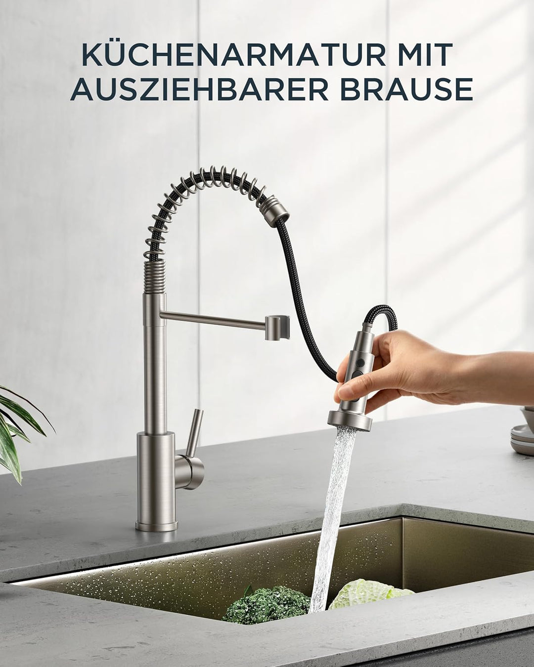 FORIOUS Wasserhahn Küche, Wasserhahn Küche Ausziehbar, 360° Schwenkbar Spiralfeder Spültischarmatur