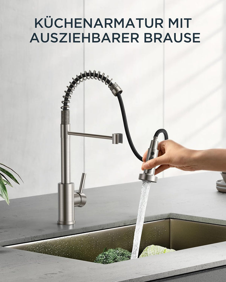 FORIOUS Wasserhahn Küche, Wasserhahn Küche Ausziehbar, 360° Schwenkbar Spiralfeder Spültischarmatur
