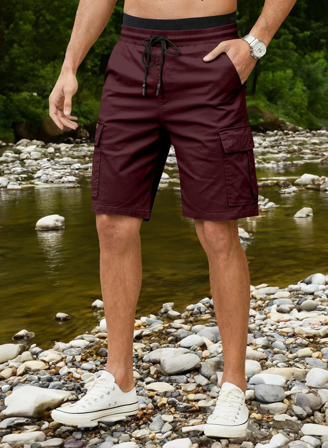 JMIERR Kurze Hosen Herren Baumwolle Cargo Shorts Herren Sommer Freizeithose mit Taschen S Burgundy,